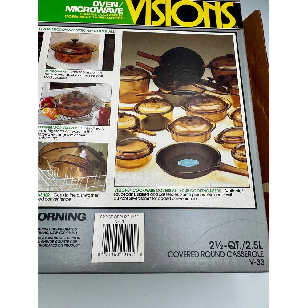 New Open Box Vintage Corning Visions Amber 2.5 Qt Ribbed Casserole Dish V-33